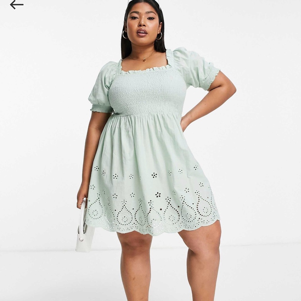 Yours square neck shirred eyelet mini dress in sage